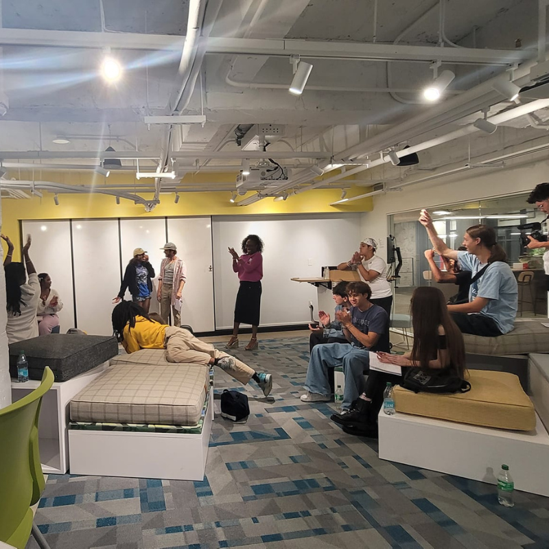 students on a field trip to The Hub at the music and arts summer camp